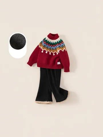 Girls Fair Isle Knit Sweater And Flare Pants Red Christmas Pullover Fleece Lined Warm Winter Clothing For Kids