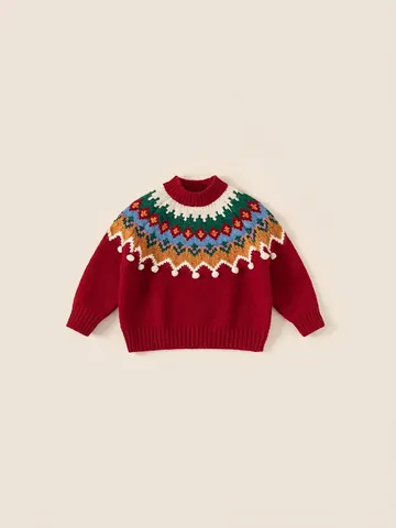 Girls Christmas Red Sweater And Green Tulle Skirt Set Fair Isle Jacquard Fleece Lined Knit Top Tutu Skirt Festive Outfits