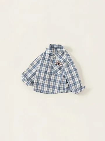 Kids Long Sleeve Plaid Shirt Cotton Koala Embroidery Lapel Button Up Top Casual Spring Autumn Children Clothing
