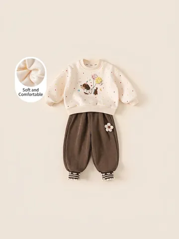 Girl's Winter Fleece Lined Sweatshirt And Pants Set Cartoon Dog Embroidery Warm Cotton Thickened Two Piece Outfit