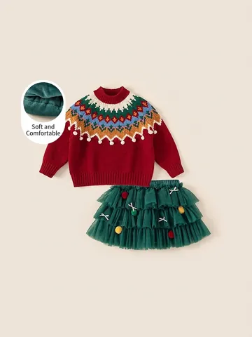 Girls Christmas Red Sweater And Green Tulle Skirt Set Fair Isle Jacquard Fleece Lined Knit Top Tutu Skirt Festive Outfits