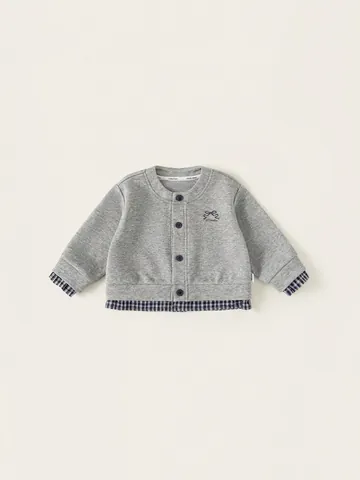 Giacca Cardigan in Maglia Casual da Ragazza per Bambini Grigio Patchwork Plaid Finto Due Pezzi Design con Ricamo a Fiocco Capispalla