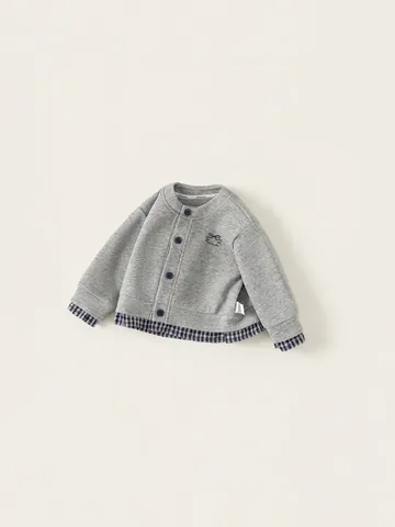 Giacca Cardigan in Maglia Casual da Ragazza per Bambini Grigio Patchwork Plaid Finto Due Pezzi Design con Ricamo a Fiocco Capispalla