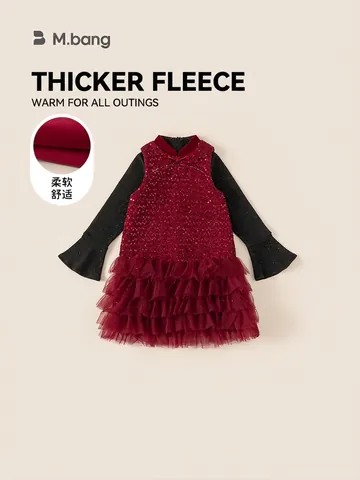 Festliches Mädchen Pailletten Tüll Kleid Set Chinesisches Neujahr Fleece Gefütterte Winterkleidung Rot Schwarz Mädchen Outfit