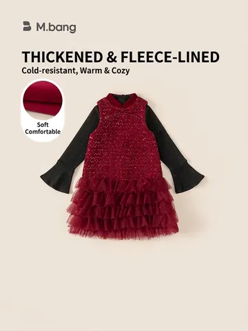 Feestelijke Meisjes Pailletten Tule Jurk Set Chinees Nieuwjaar Fleece Gevoerde Winterkleding Rood Zwart Meisjes Outfit