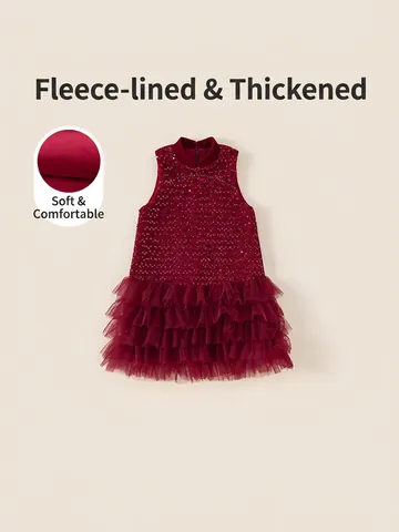 Mädchen Fleece Gefüttertes Pailletten Prinzessin Kleid Netz Tüll Festliches Abendkleid Chinesischer Stil Stehkragen Langarm Kleidung