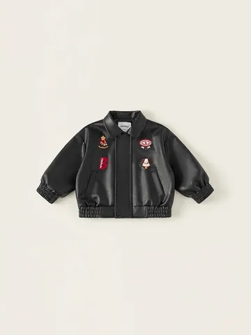 Toddler Kids PU Leather Jacket Fashion Embroidery Cartoon Patch Coat For Boys Girls Casual Spring Lapel Outerwear Clothing