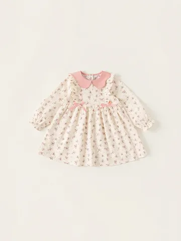 Süße Mädchen Blumig Langarm Kleid Baumwolle Peter-Pan-Kragen Schleife Druck Rüschen A-Linie Kleid Kleinkind Kinder Freizeitkleidung