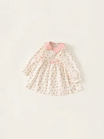 Süße Mädchen Blumig Langarm Kleid Baumwolle Peter-Pan-Kragen Schleife Druck Rüschen A-Linie Kleid Kleinkind Kinder Freizeitkleidung