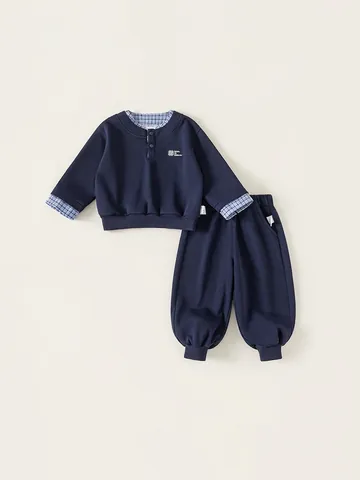 Jungen Casual Baumwollmischung Bekleidungsset Zweiteiler-Optik Kariert Patchwork Pullover Top Und Elastischer Bund Jogginghose Marineblau Weich Bequem Outfit