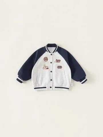 Kinder Varsity Jacke Kontrastfarbe Baumwollmischung Stickerei Bär Patchwork Mantel Gestreifter Rippstrick-Besatz Casual Baseball Uniform