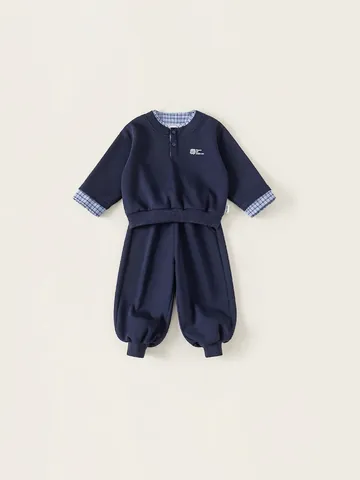 Jungen Casual Baumwollmischung Bekleidungsset Zweiteiler-Optik Kariert Patchwork Pullover Top Und Elastischer Bund Jogginghose Marineblau Weich Bequem Outfit