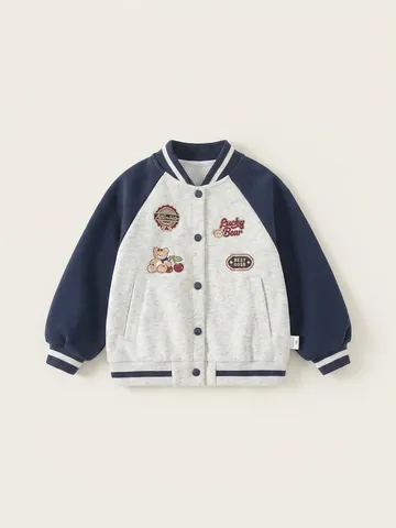 Kinder Varsity Jacke Kontrastfarbe Baumwollmischung Stickerei Bär Patchwork Mantel Gestreifter Rippstrick-Besatz Casual Baseball Uniform