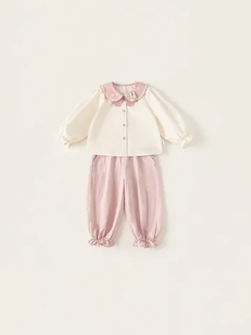 Ensemble de Vêtements Doux pour Filles en Coton Viscose Broderie Lapin Top avec Col Claudine Poignet à Volants Pantalon Lanterne Printemps Automne Ensemble Deux Pièces Décontracté