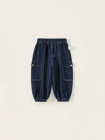 Pantaloni Cargo Denim da Ragazzo Vita Elastica Toddler Jogger Jeans Misto Cotone Lavato Ricamo Baseball Casual Bottoms