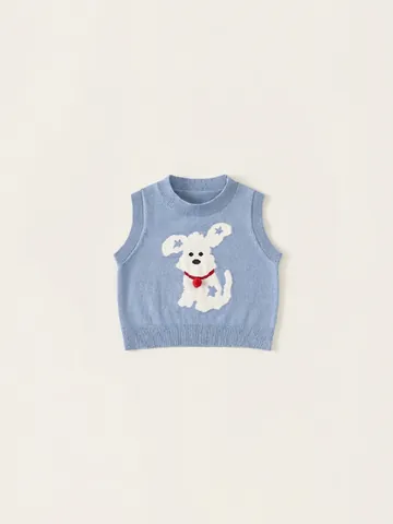Gilet en Tricot pour Petits Garçons Motif Chien de Dessin Animé Tricots Sans Manches Pull Col Rond pour Enfants Tenue Printemps Automne