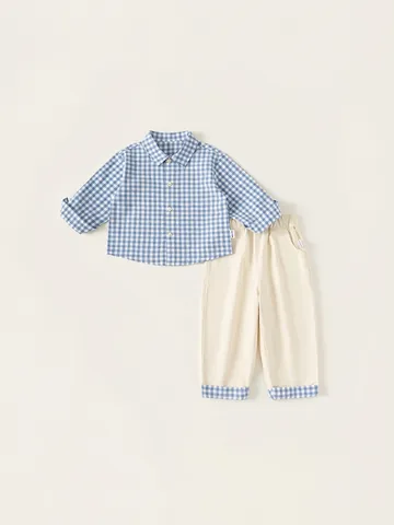 Boys Casual Blue Gingham Plaid Long Sleeve Shirt And Off White Patchwork Trousers Toddler Kids Spring Autumn Fashion Outfit