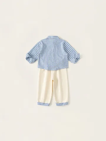Boys Casual Blue Gingham Plaid Long Sleeve Shirt And Off White Patchwork Trousers Toddler Kids Spring Autumn Fashion Outfit