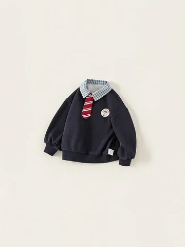 Boys Academy Academy Style Fake Two-Piece Sweatshirt And Pants Combination With Tie Cotton Blend Embroidered Kids Clothing