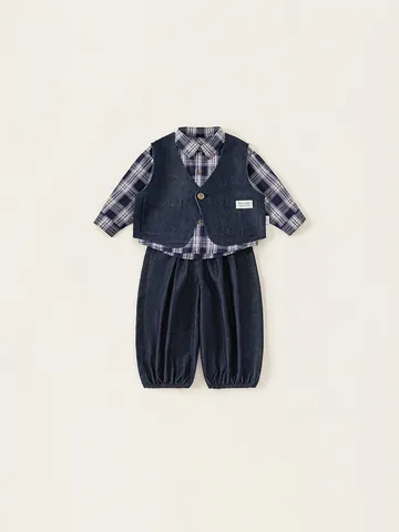 Set di Abbigliamento da Ragazzo in Stile Britannico 3 Pezzi Camicia a Quadri Gilet in Denim e Pantaloni per Bambini
