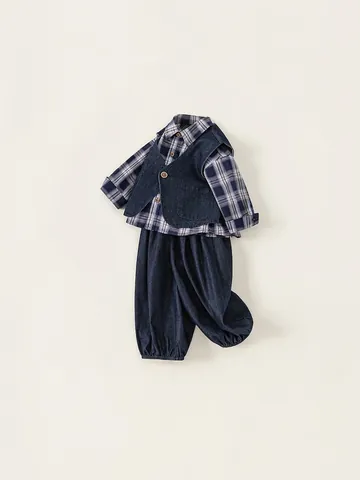 Set di Abbigliamento da Ragazzo in Stile Britannico 3 Pezzi Camicia a Quadri Gilet in Denim e Pantaloni per Bambini