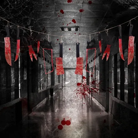Banner per Armi Insanguinate di Halloween Horror Coltello Realistico Sega Forbici Ghirlanda per Casa Infestata