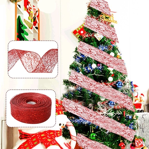 Nastro in Rete Glitterata Natalizia per Decorazione Albero di Natale Nastro Metallico Scintillante per Confezioni Regalo Casa