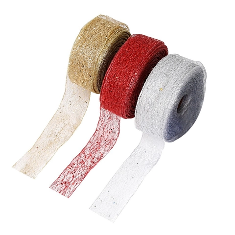 Glitter Christmas Tree Ribbon Mesh Sealing Edge Powder Sparkle Ribbons Red Gold Silver For Xmas DIY Gift Wrap Party Decor