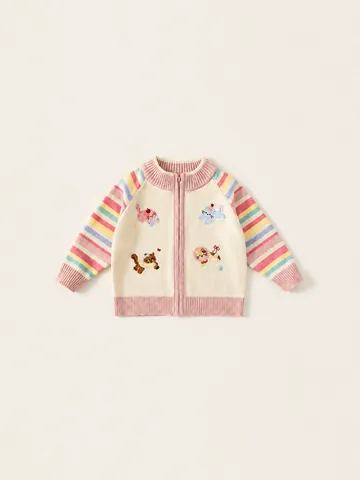 Meisjes Gebreid Vest Trui Jas Acryl Regenboogstrepen Lange Mouw Cartoon Kat Geborduurd Rits Casual Kinderoutfit