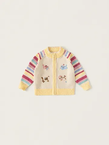 Meisjes Gebreid Vest Trui Jas Acryl Regenboogstrepen Lange Mouw Cartoon Kat Geborduurd Rits Casual Kinderoutfit