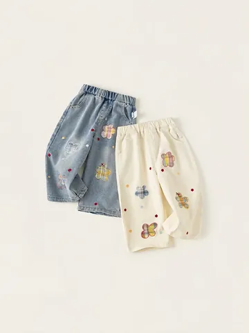 Kids Girls Cotton Denim Wide Leg Jeans Elastic Waist Floral Heart Patch Embroidery Washed Casual Straight Leg Pants