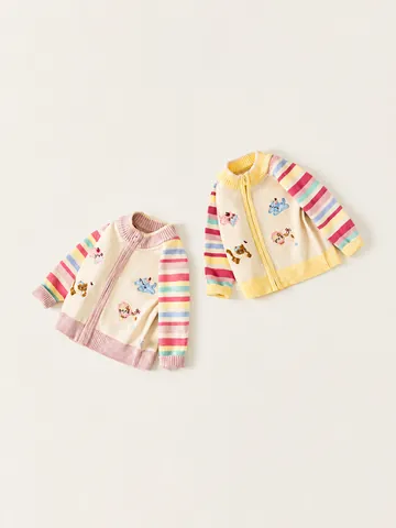 Girls Knit Cardigan Sweater Cute Cartoon Cat Embroidery Striped Long Sleeve Open Front Outerwear Kids Autumn Clothes