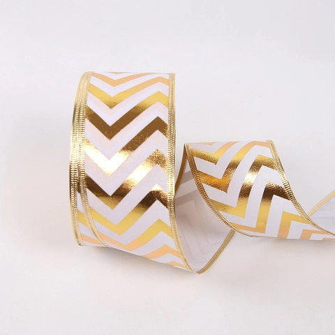Christmas Gold Metallic Wired Ribbon For Gift Wrapping Decoration Holiday Tree Ornaments White Polyester Striped Ribbon