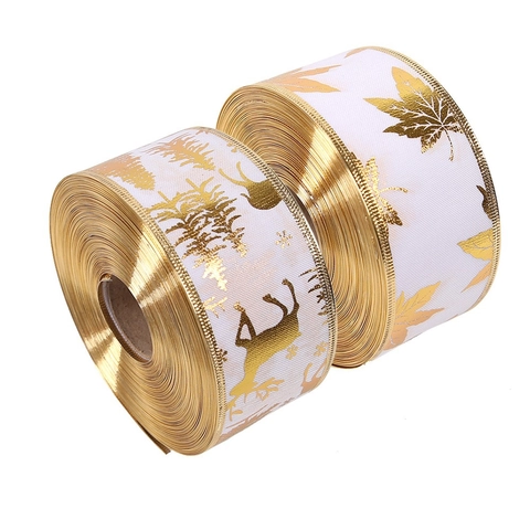 Christmas Gold Metallic Wired Ribbon For Gift Wrapping Decoration Holiday Tree Ornaments White Polyester Striped Ribbon