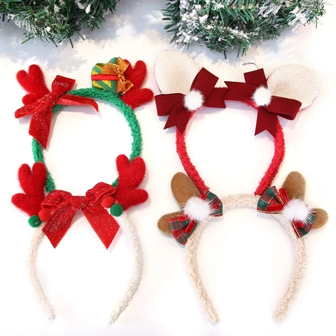 Cute Plush Reindeer Antler Christmas Headband Elastic Holiday Party Hair Hoop Xmas Reindeer Antler Hair Accessories For Kids Women