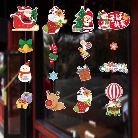 Decorazioni Appese in Carta di Natale Cartoon Merry Christmas Babbo Natale Renna Pupazzo di Neve Festa Finestra Parete Set