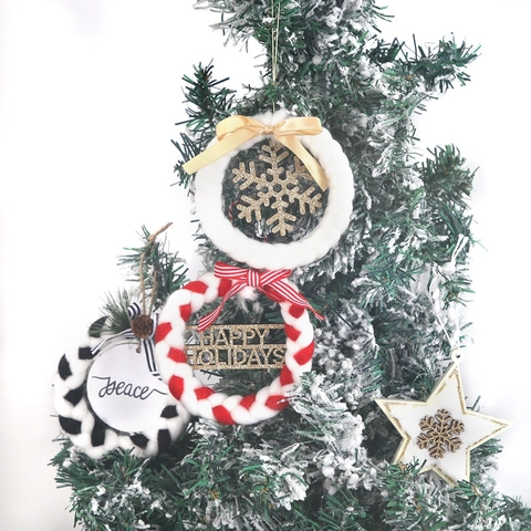 Christmas Tree Hanging Ornament Wood Knitted Wreath Star Snowflake Happy Holidays Peace Sign Festive Holiday Home Decor