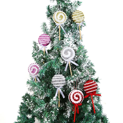 Adorno Colgante de Piruleta de Navidad Purpurina Lentejuelas Espuma Colgante de Caramelo Con Lazo para Decoración de Árbol de Navidad Fiesta Hogar