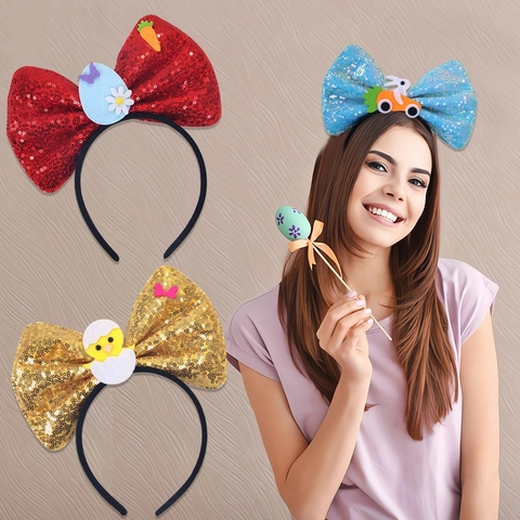 Easter Sequin Bow Headband Cartoon Bunny Chick Egg Carrot Headpiece Festive Party Hair Accessories For Kids Women