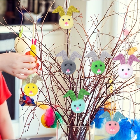 Easter Plush Bunny Ear Hanging Ornaments Glitter Sequin Pom Pom Rabbit Ornaments For Easter Party Home Decoration Props