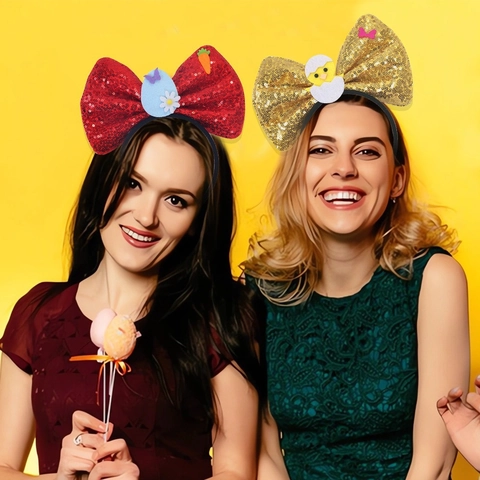 Serre-tête Nœud à Paillettes de Pâques pour Enfants Filles Décoration de Fête Dessin Animé Lapin Poussin Œuf Carotte Motif Accessoires de Cheveux Festival Étincelants