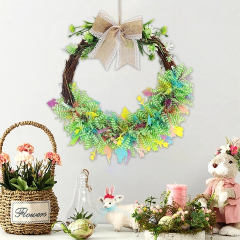 Decorazione Ghirlanda in Rattan Pasquale Con Fiocco Carota Coniglio Uova Colorate Ornamento da Appendere per Porta Festa Casa