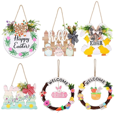 Letrero Colgante de Madera de Pascua Conejo Huevo Pollito Decoración Puerta Welcome Para Fiesta Hogar Pared Corona