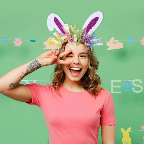 Diadema de Orejas de Conejo de Pascua con Purpurina y Oropel Decoración de Huevos y Pollitos Accesorio de Fiesta