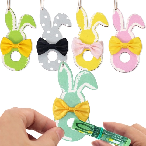 Pendentif Lapin de Pâques en Bois Porte-Monnaie Avec Nœud Lapin Coloré Ornement Suspendu pour Décoration de Table de Fête Cadeau