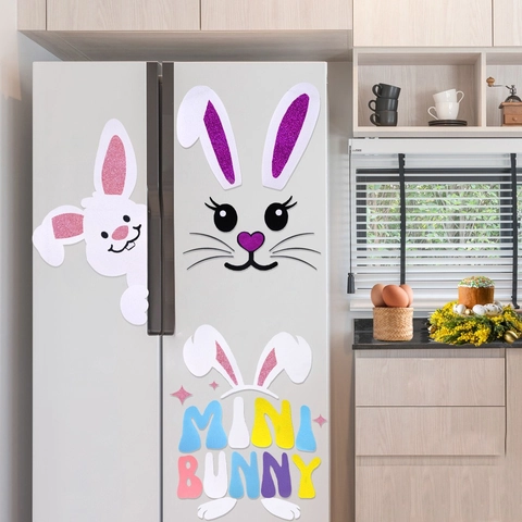 Easter Bunny Wall Stickers DIY Felt Glitter Bunny Face Happy Easter HOP Letters Window Clings For Home Party Decoration
