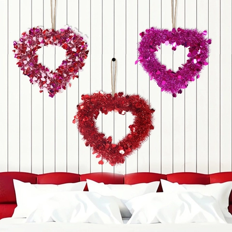 Valentine's Day Heart Wreath Tinsel Garland Shiny Sequins Hanging Decoration For Wedding Anniversary Party PET Plastic