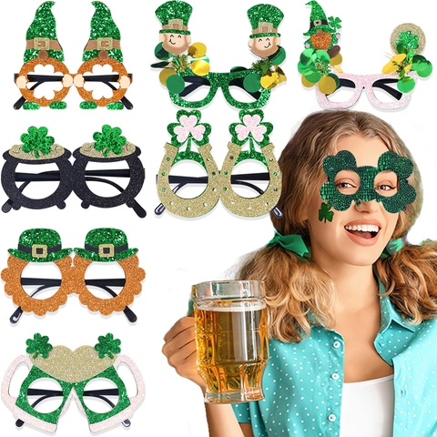 St. Patrick's Day Party Glasses Lucky Shamrock Green Glitter Leprechaun Hat Irish Festival Costume Accessories Photo Props