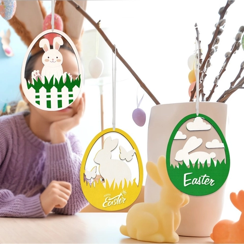 Decorazione di Pasqua Ornamento Sospeso in Legno Coniglio Cartone Animato Segnale in Legno Cavo per Festa Festiva