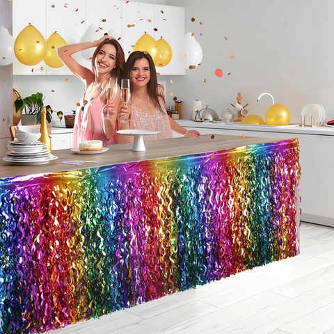 Rainbow Foil Tassel Table Skirt Metallic PET Wavy Fringe Birthday Wedding Event Decoration Colorful Self Adhesive